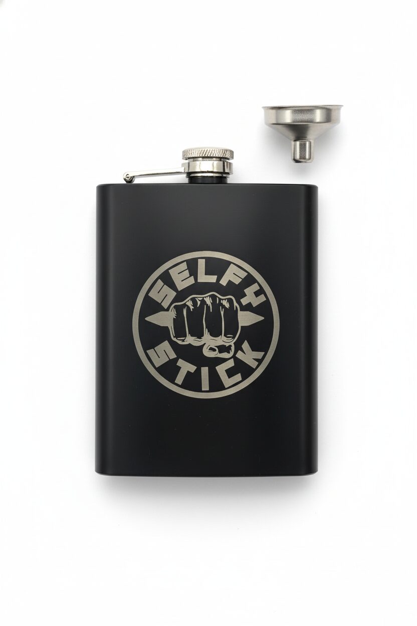 Selfy Stick 8oz stainless steel hip flask with logo