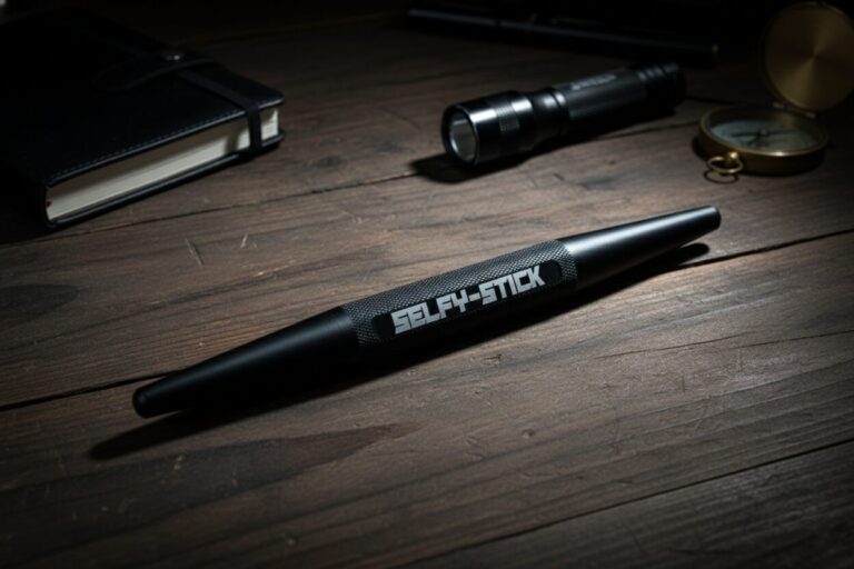Selfy Stick self-defense tool on dark wood table with EDC everyday carry gear - tactical flashlight, leather notebook, and compass